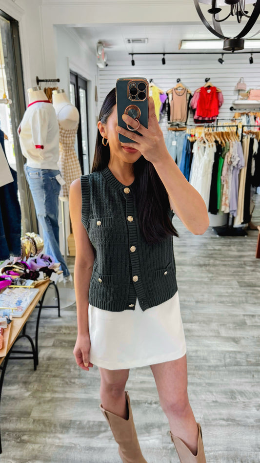 Gold Button Cardigan Vest- Hunter Green