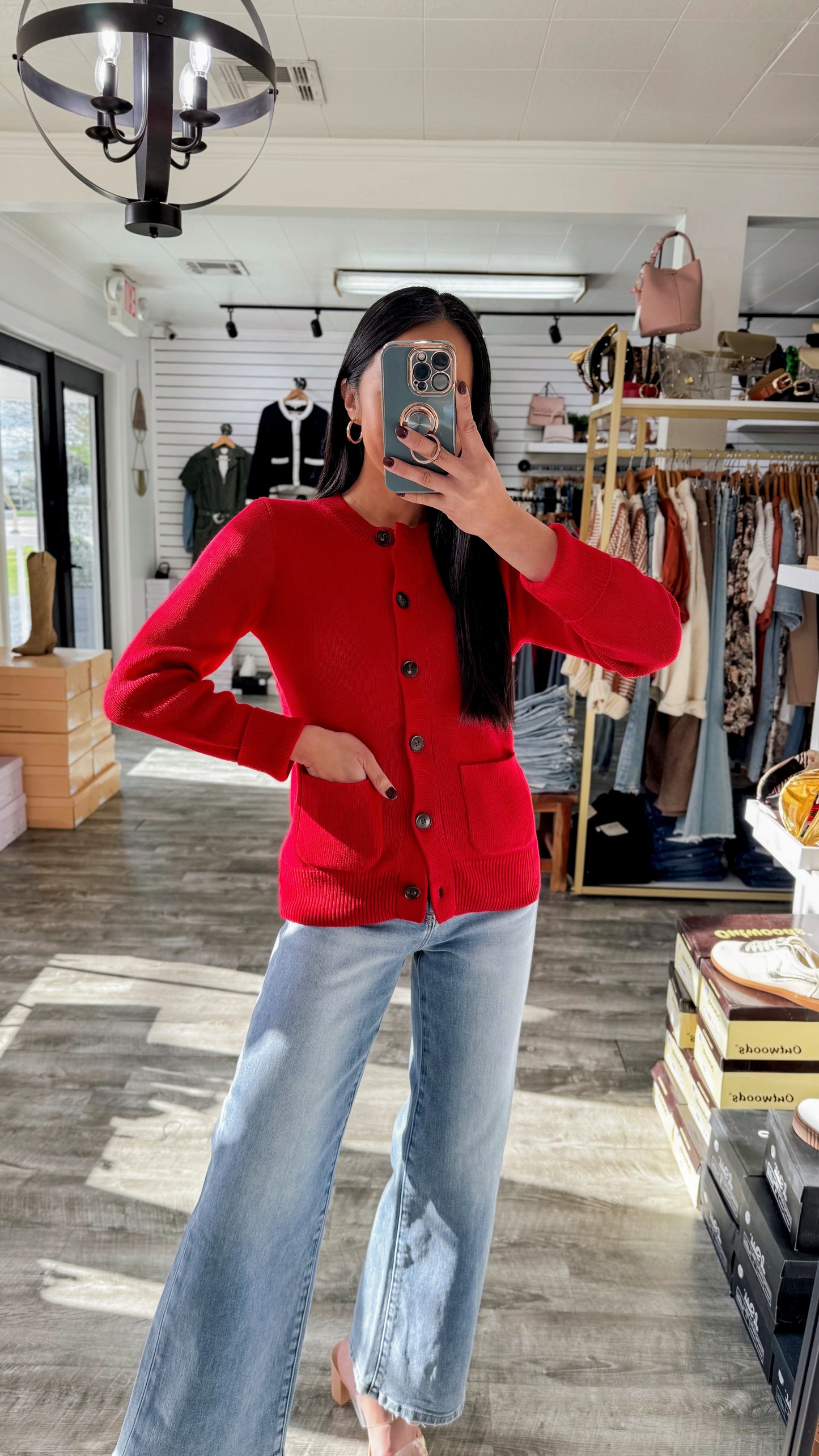 Pocket Knit Cardigan Sweater - Red