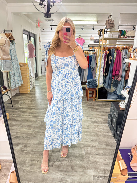 Special Moment Tiered Midi Dress -Blue