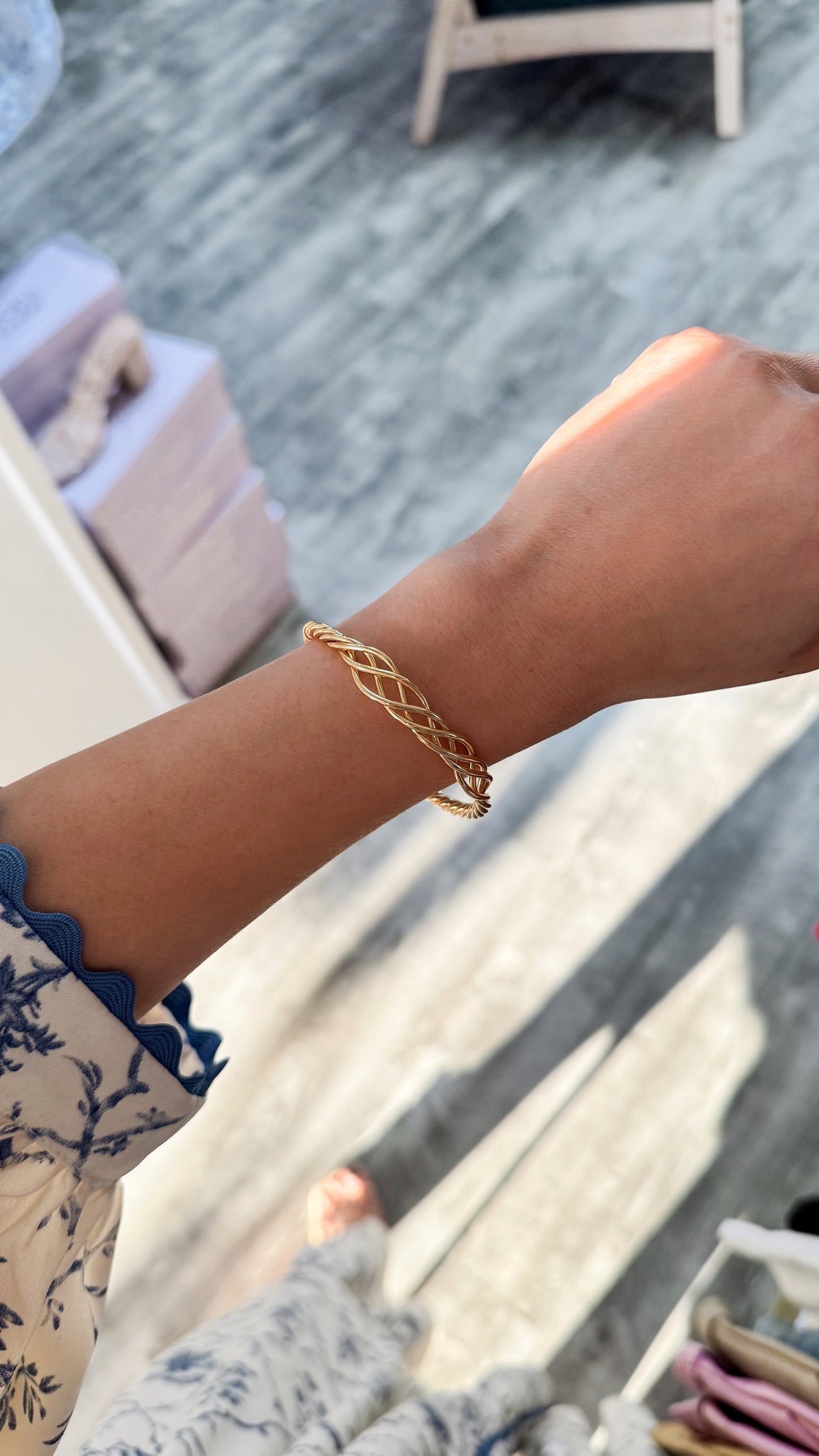 18K Gold Filled Woven Croissant Twisted Rope Cuff Bracelet