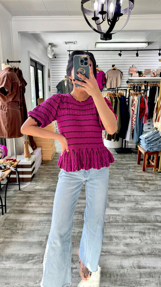 Scallop Knit Peplum Top- Plum