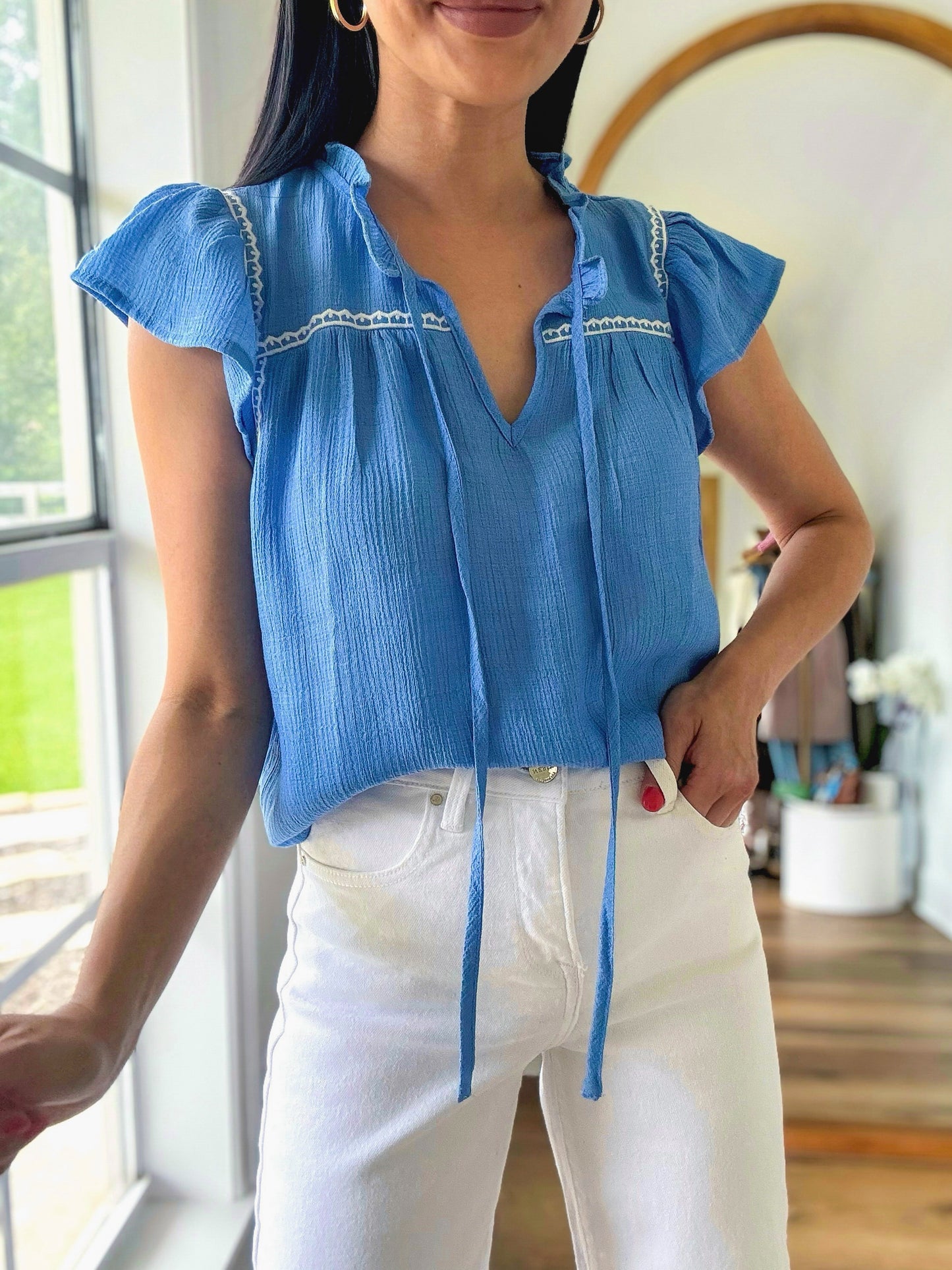 Contrast Embroidered Blouse- Blue