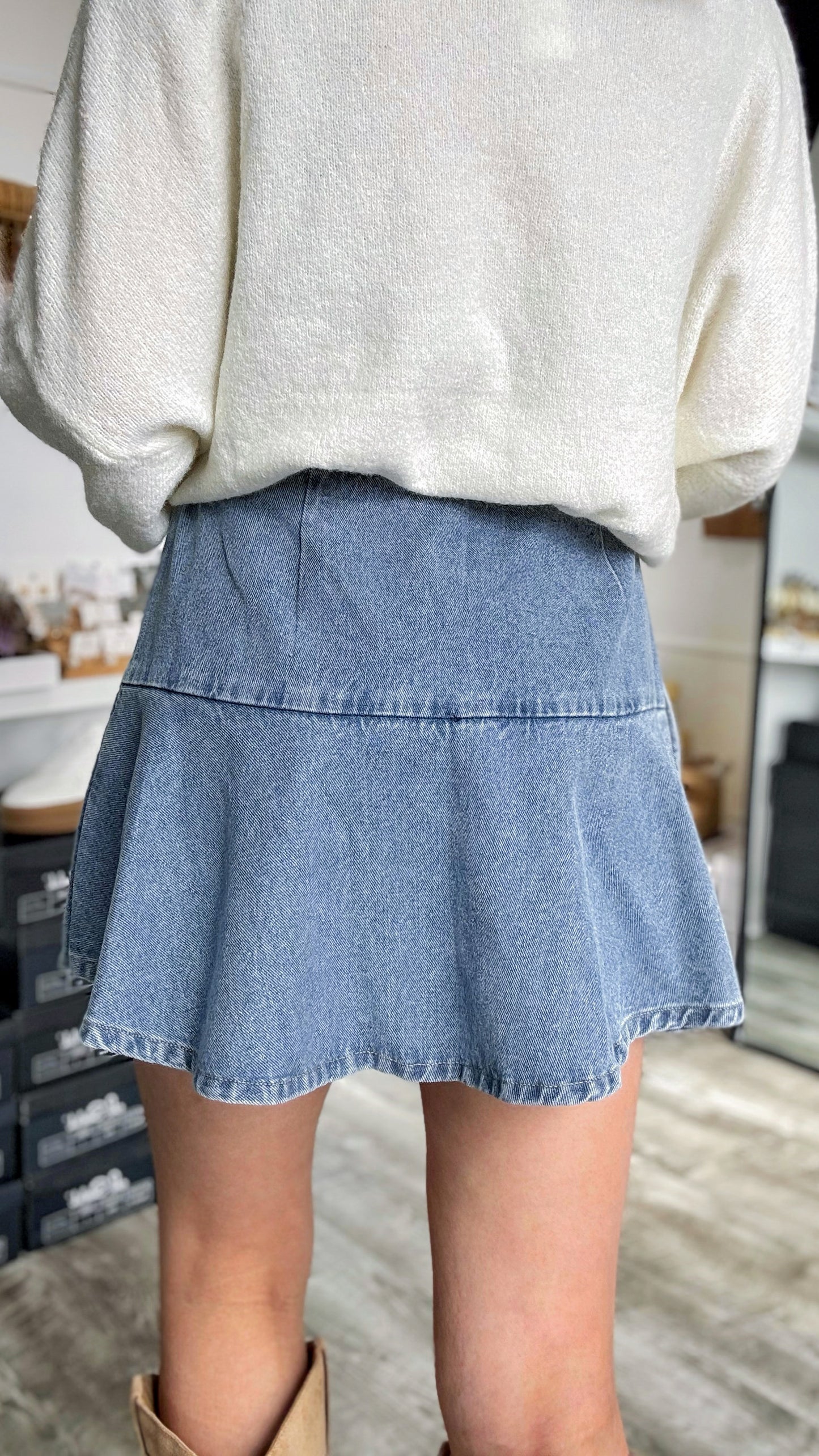 Washed Denim Wrap Skort