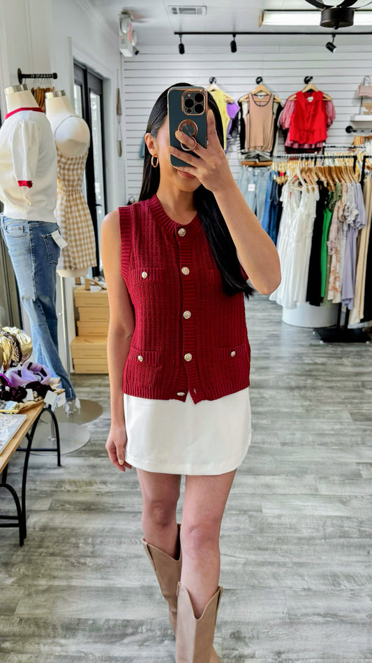 Gold Button Cardigan Vest- Dark Red