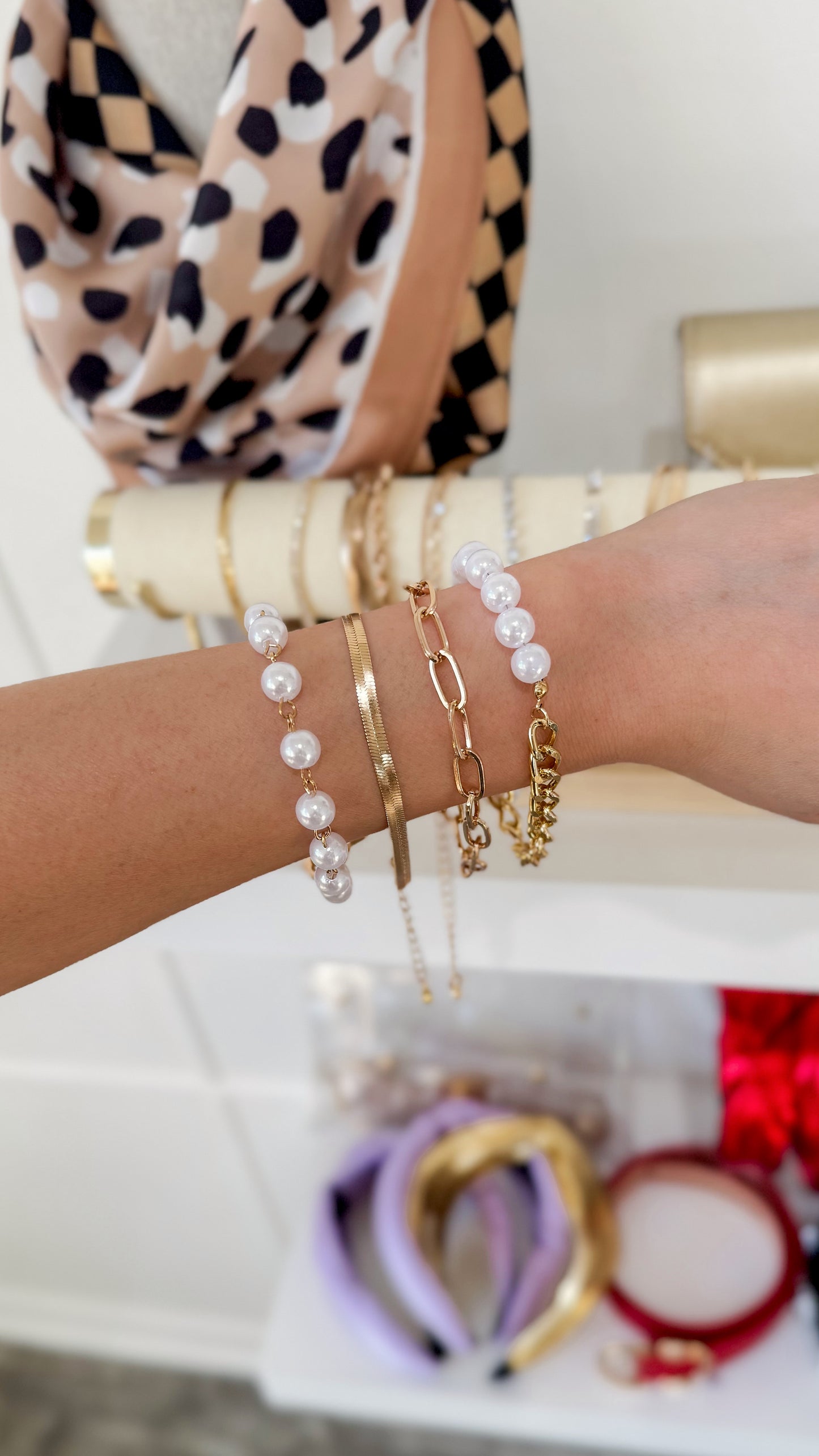 Herringbone Pearl Chain Bracelet Set