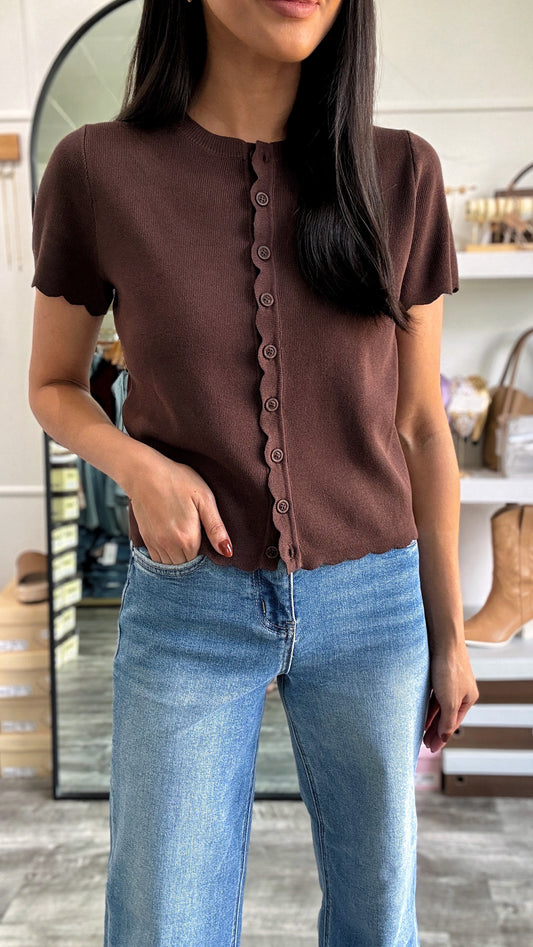 Baylor Scallop Cardigan Top- Brown