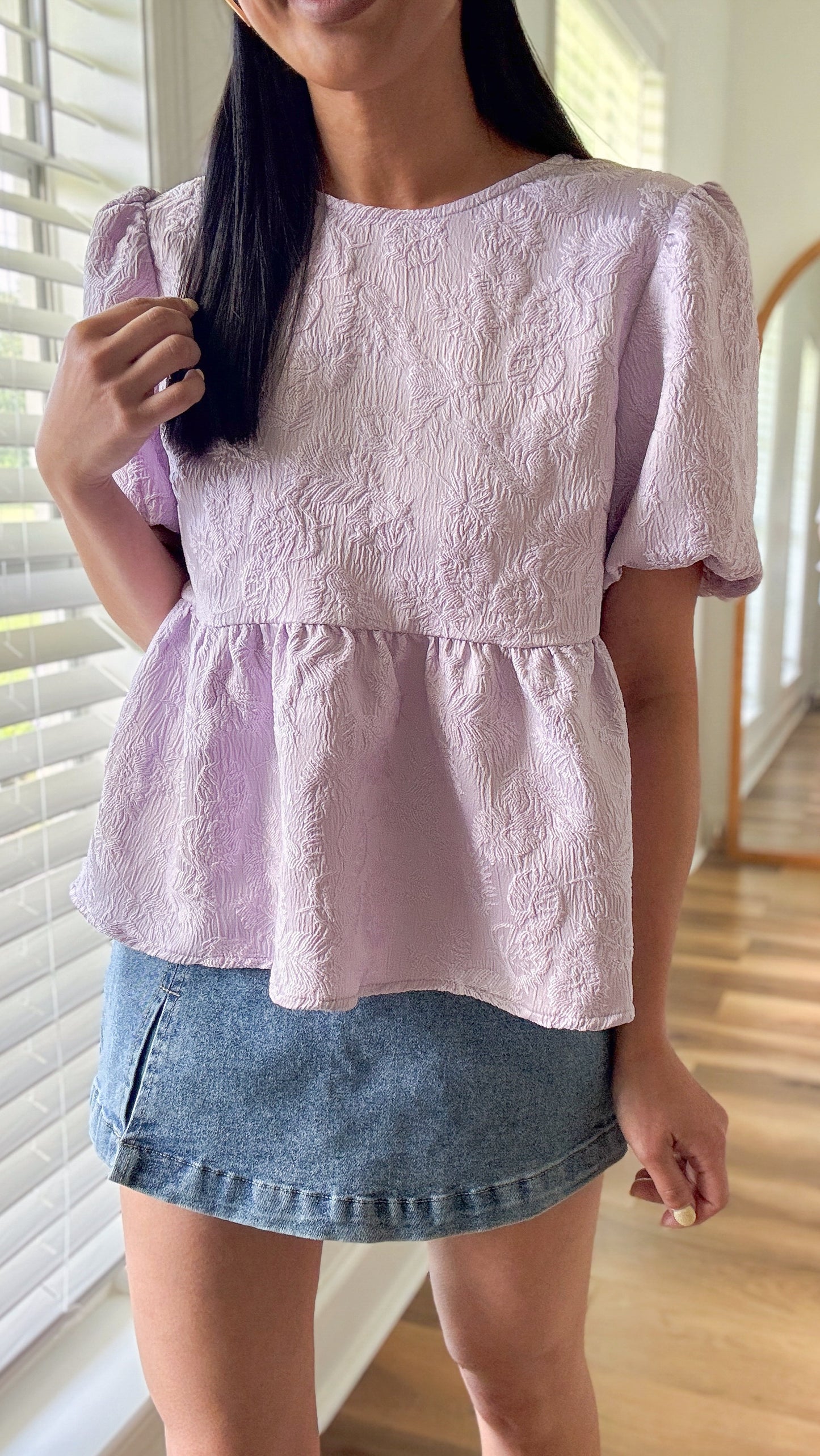 Jacquard Back Bow Peplum Blouse