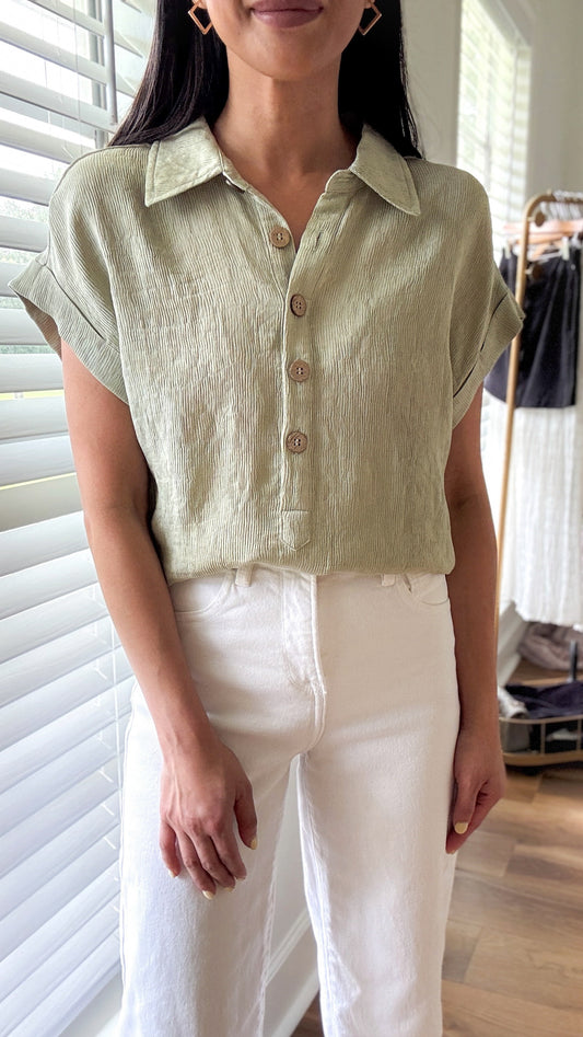 Textured Linen Blend Top - Olive