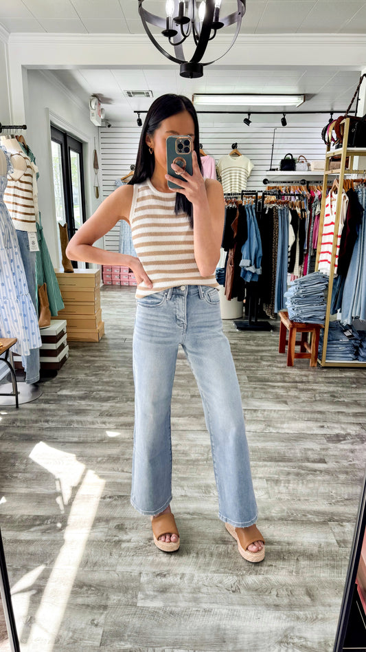 Tummy Control Elastic Waistband Crop Wide Denim