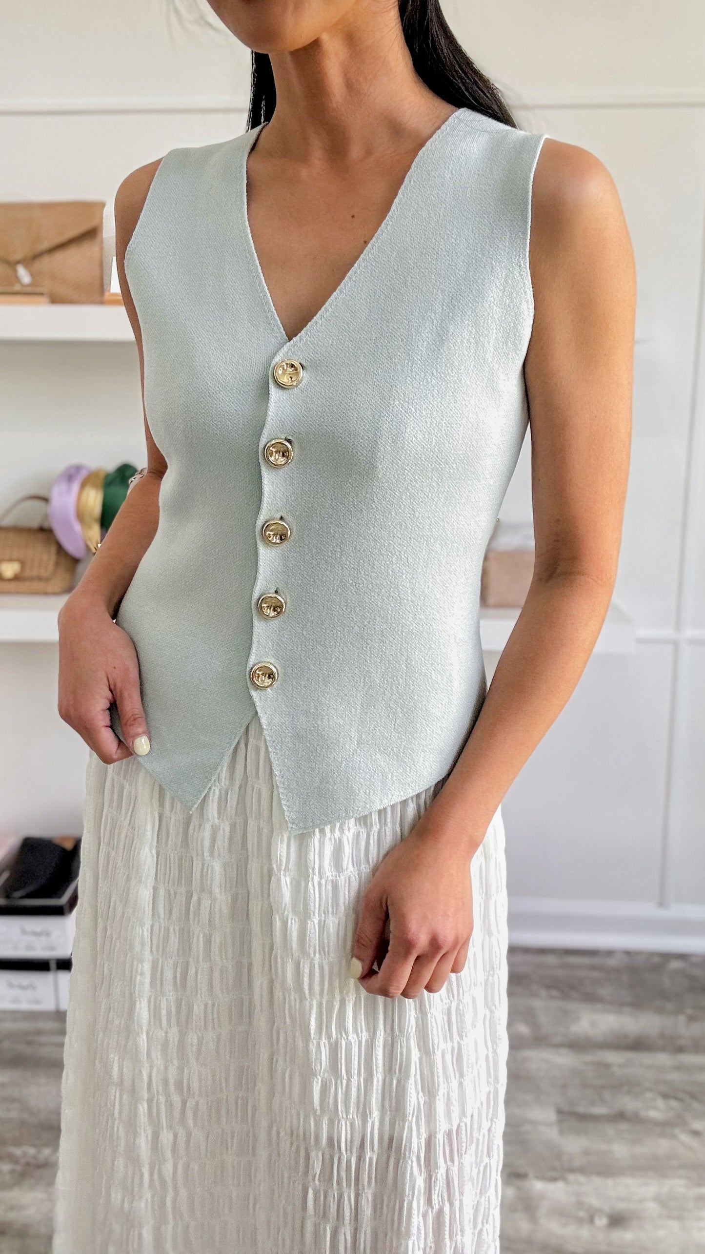 Gold Button Knit Vest-Sage