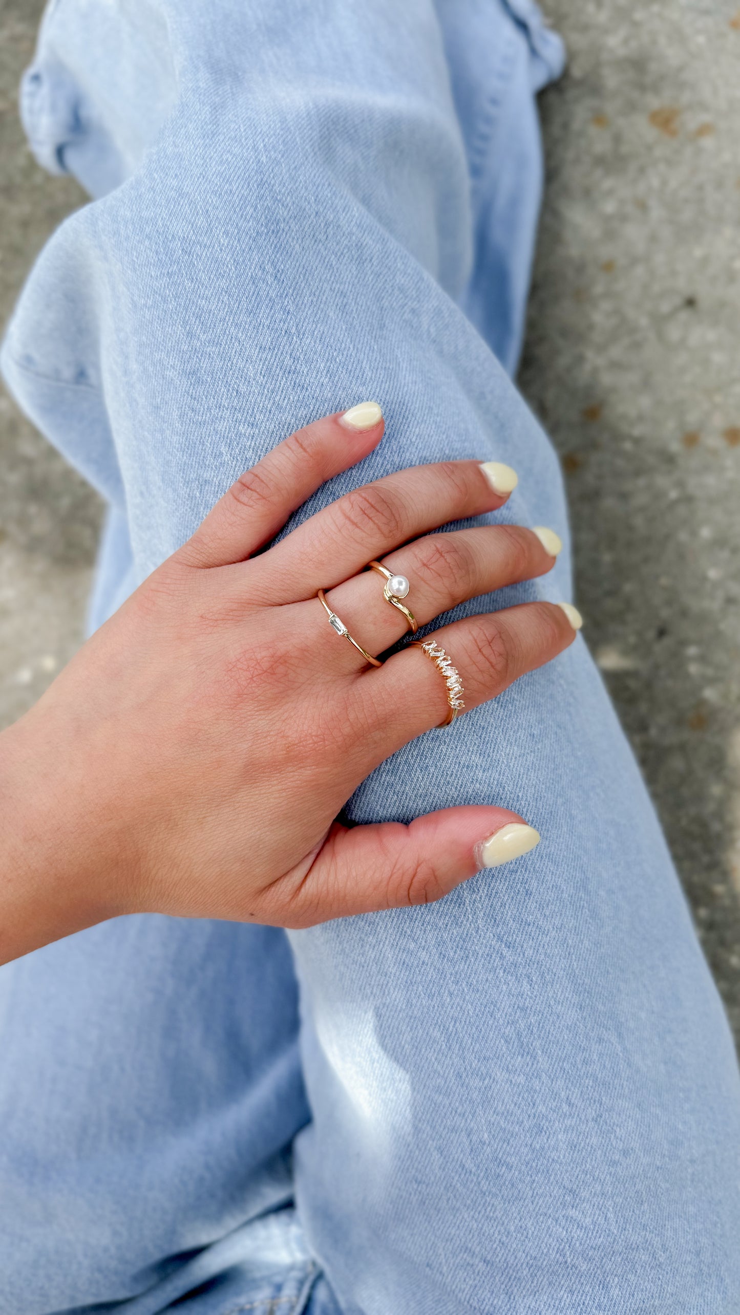Pearl & Crystal Trio Gold Ring Set