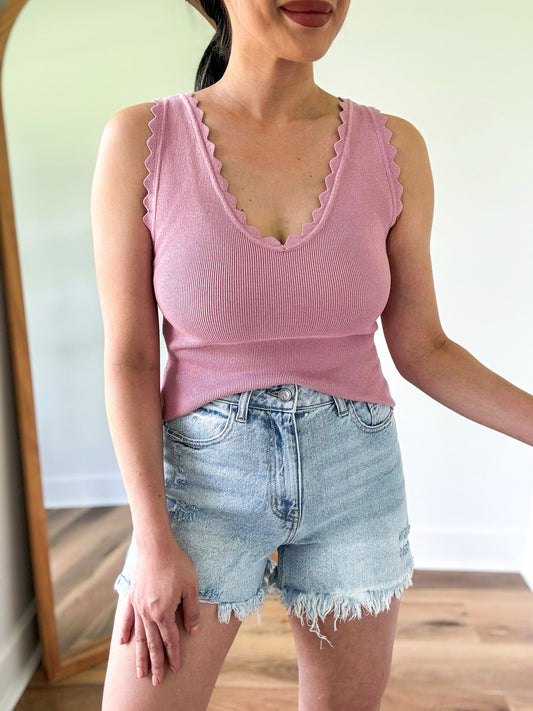 Scalloped Knit Tank- Dusty Pink