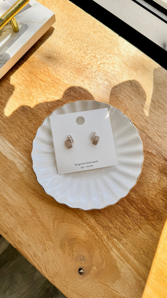 Double Row Pearl Cubic Zirconia Stud Earrings