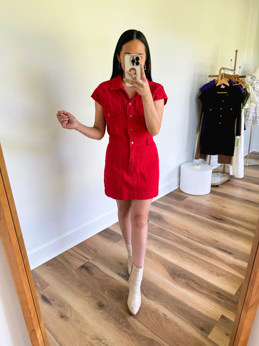 Button Up Utility Dress- Red