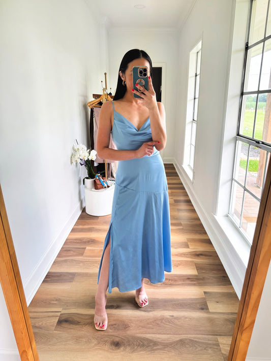 Eliza Satin Midi Dress - Blue