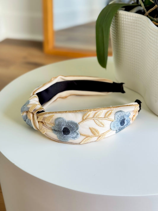 Cottagecore Embroidered Headband- Cream