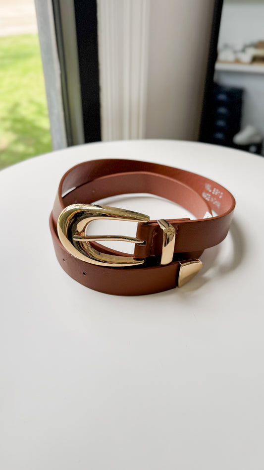 Faux Leather Buckle Belt- Camel