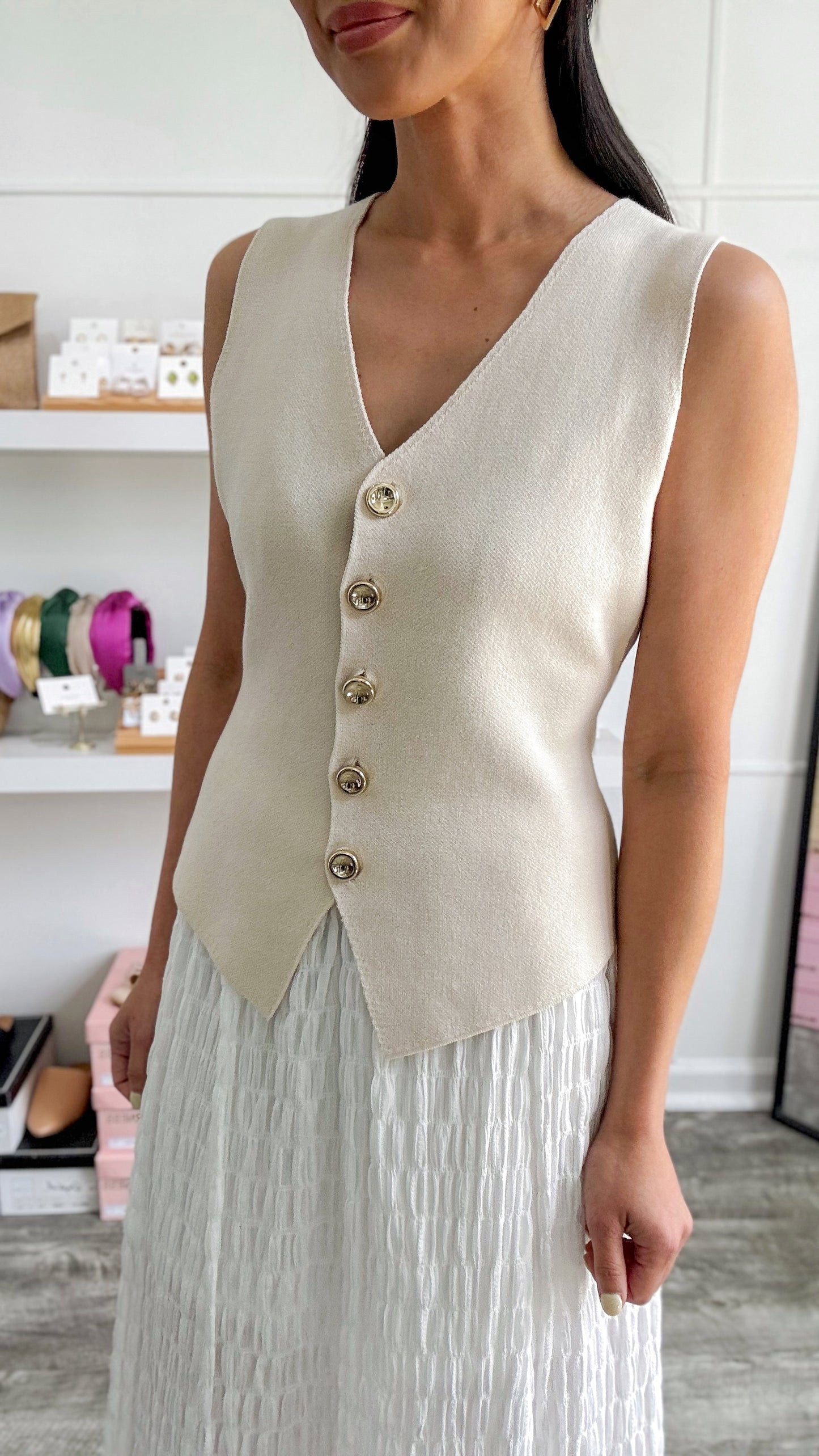 Gold Button Knit Vest-Cream
