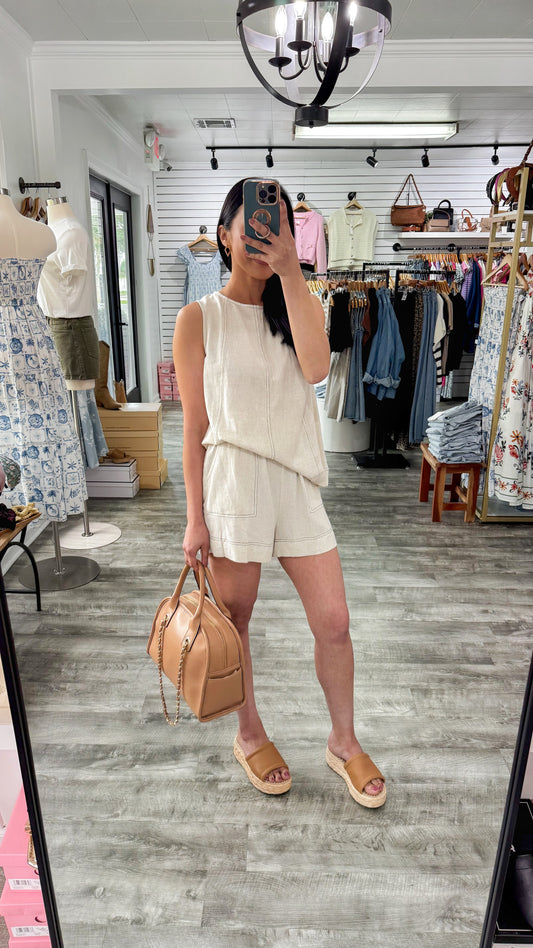 Stitch Panel Linen Short Set
