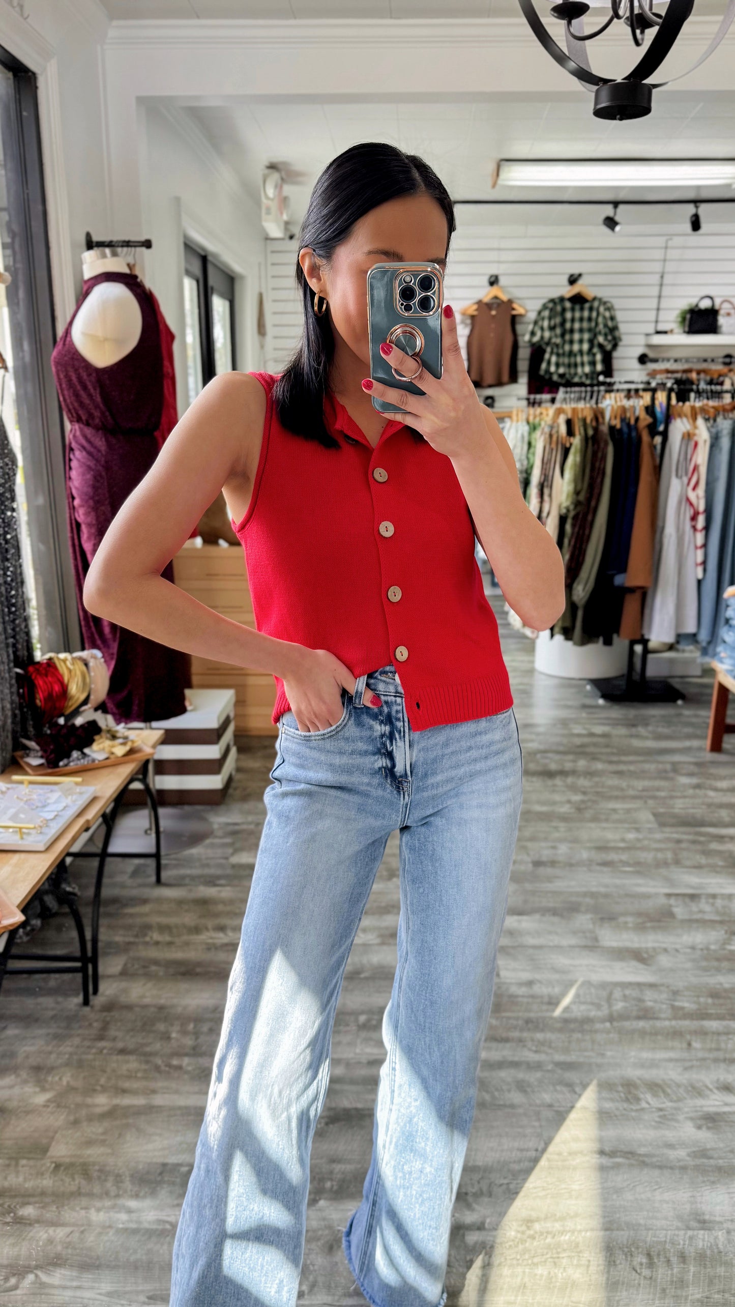 Raw Edge Button Vest- Red