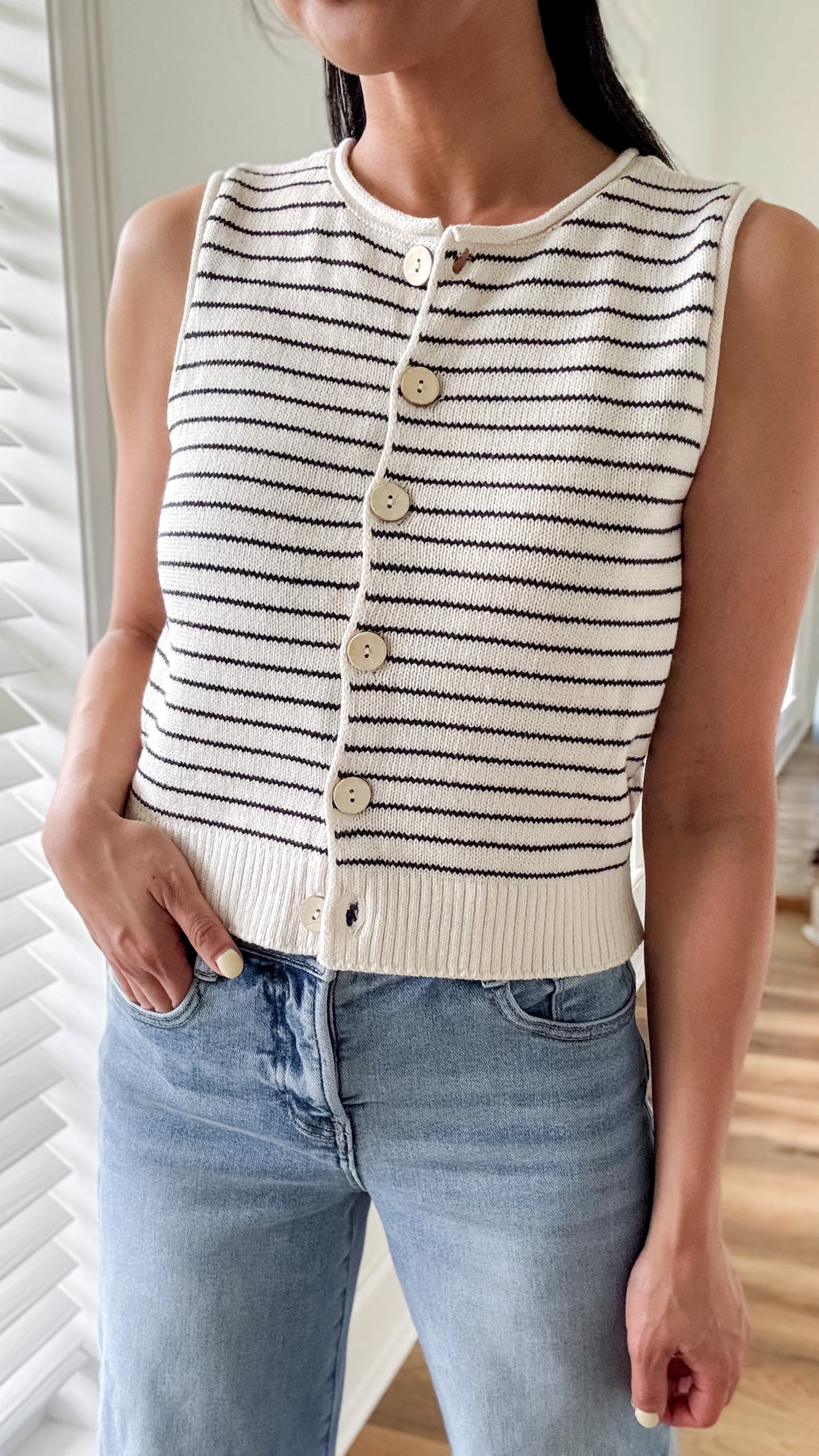 Stripe Raw Edge Button Top- Black