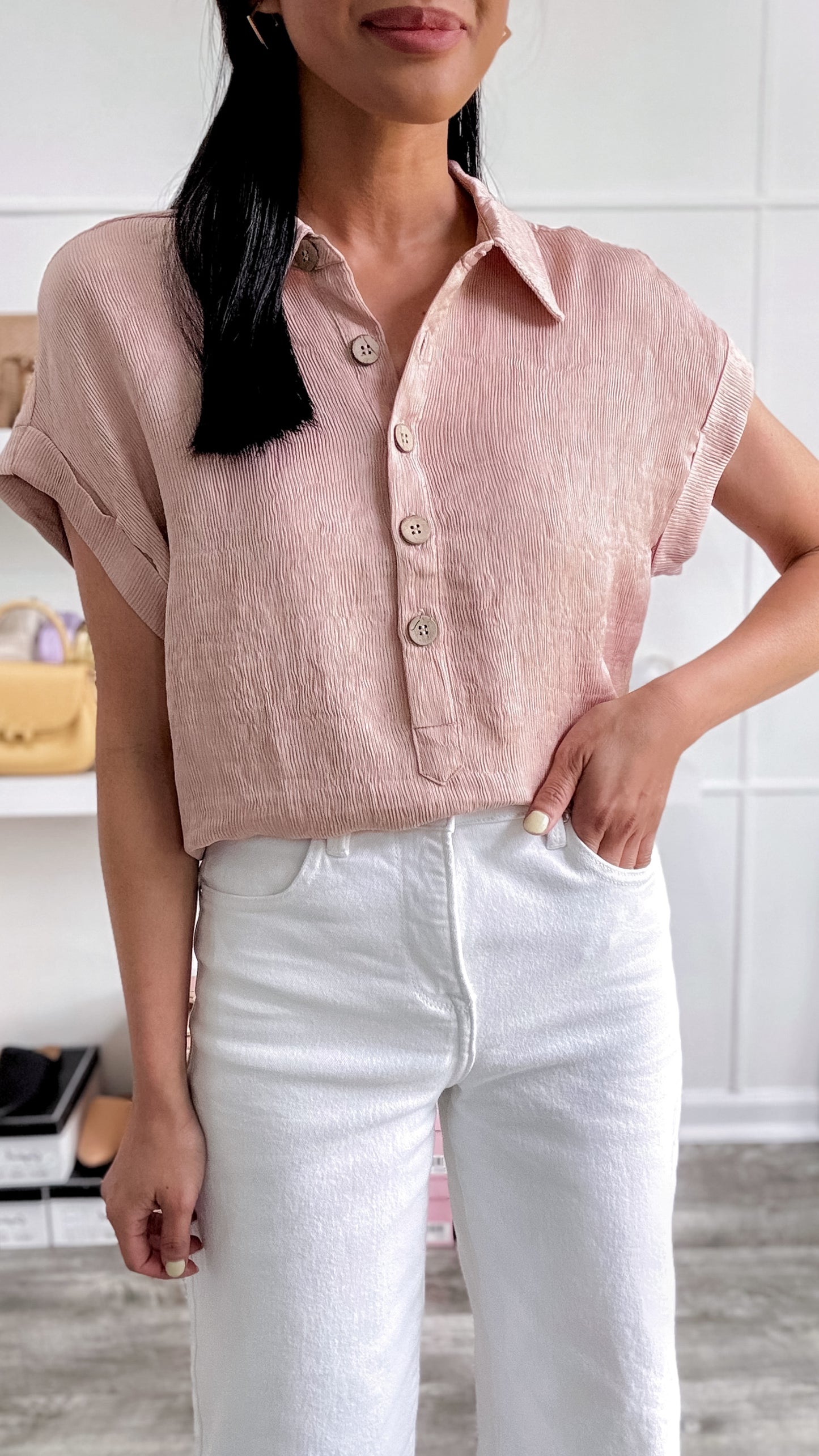 Textured Linen Blend Top - Blush