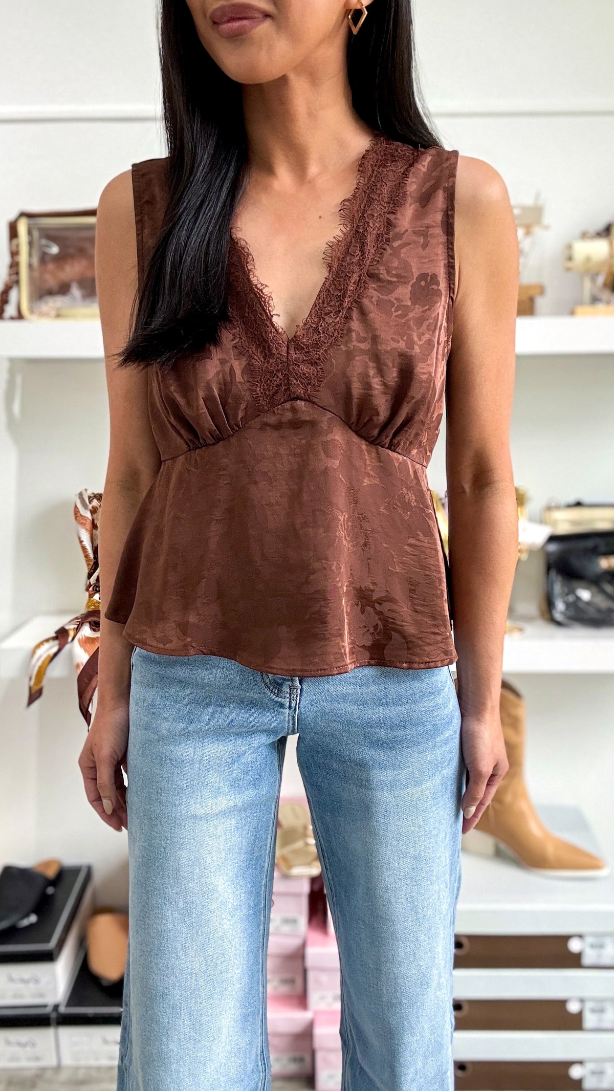 Satin Jacquard Lace Trim Top