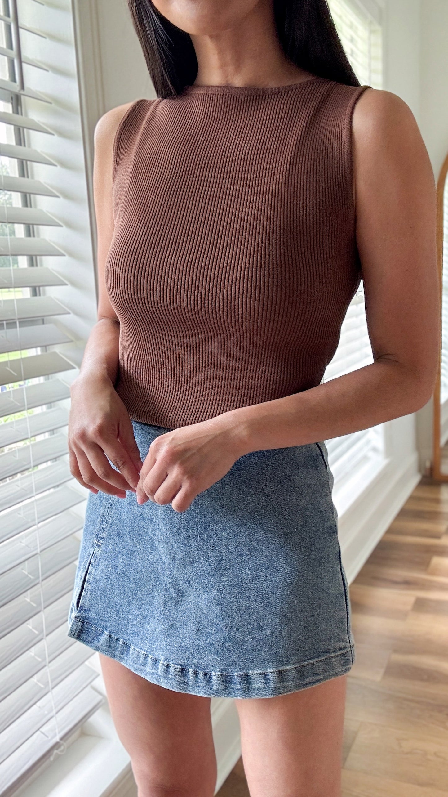 Boat Neck Ribbed Top- Brown