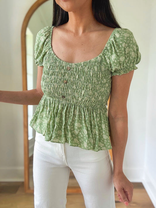 Spearmint Smocked Peplum Top