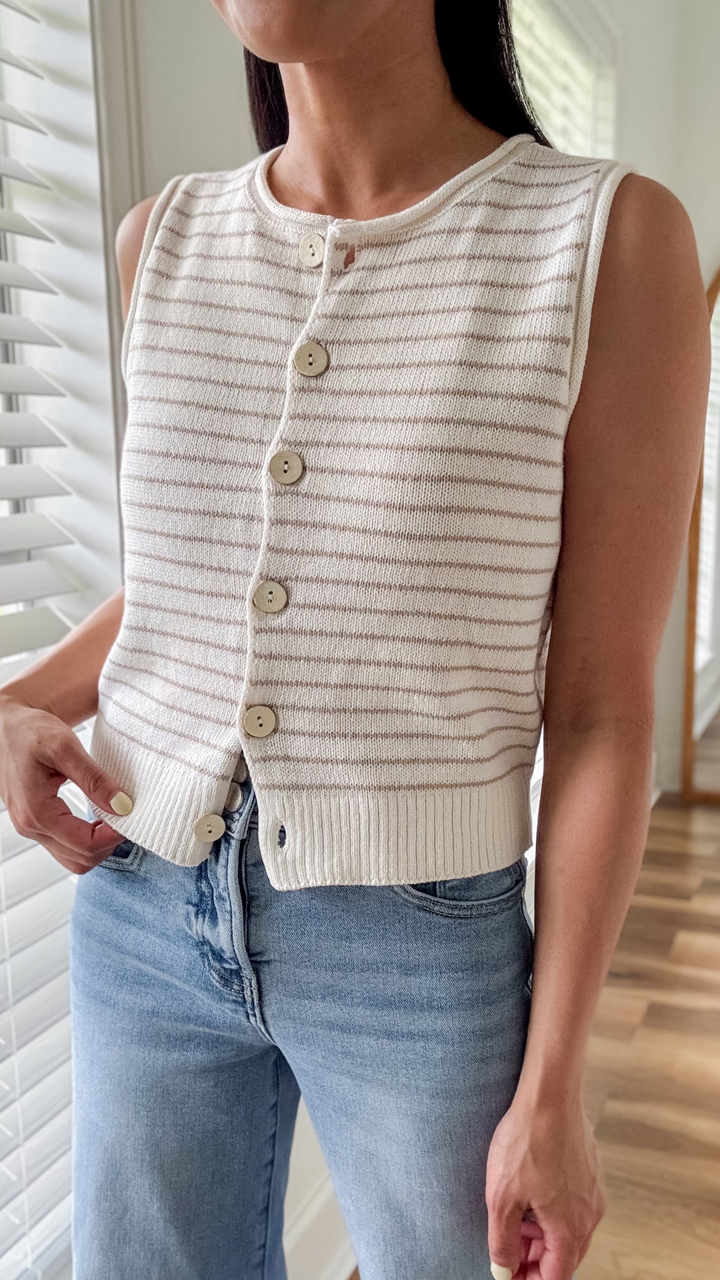Stripe Raw Edge Button Top- Khaki