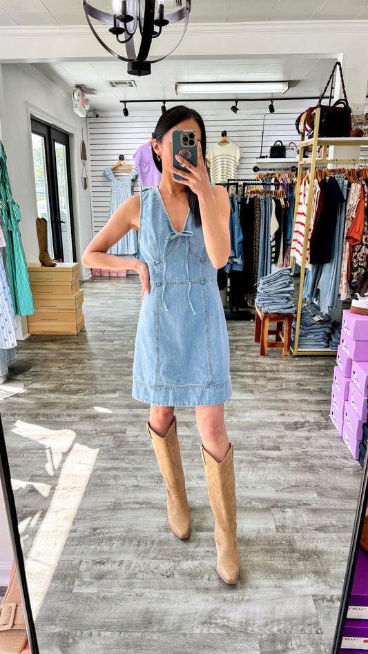 Front Tie Seam Denim Dress