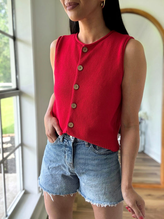 Emily Buttoned Knit Vest- Red