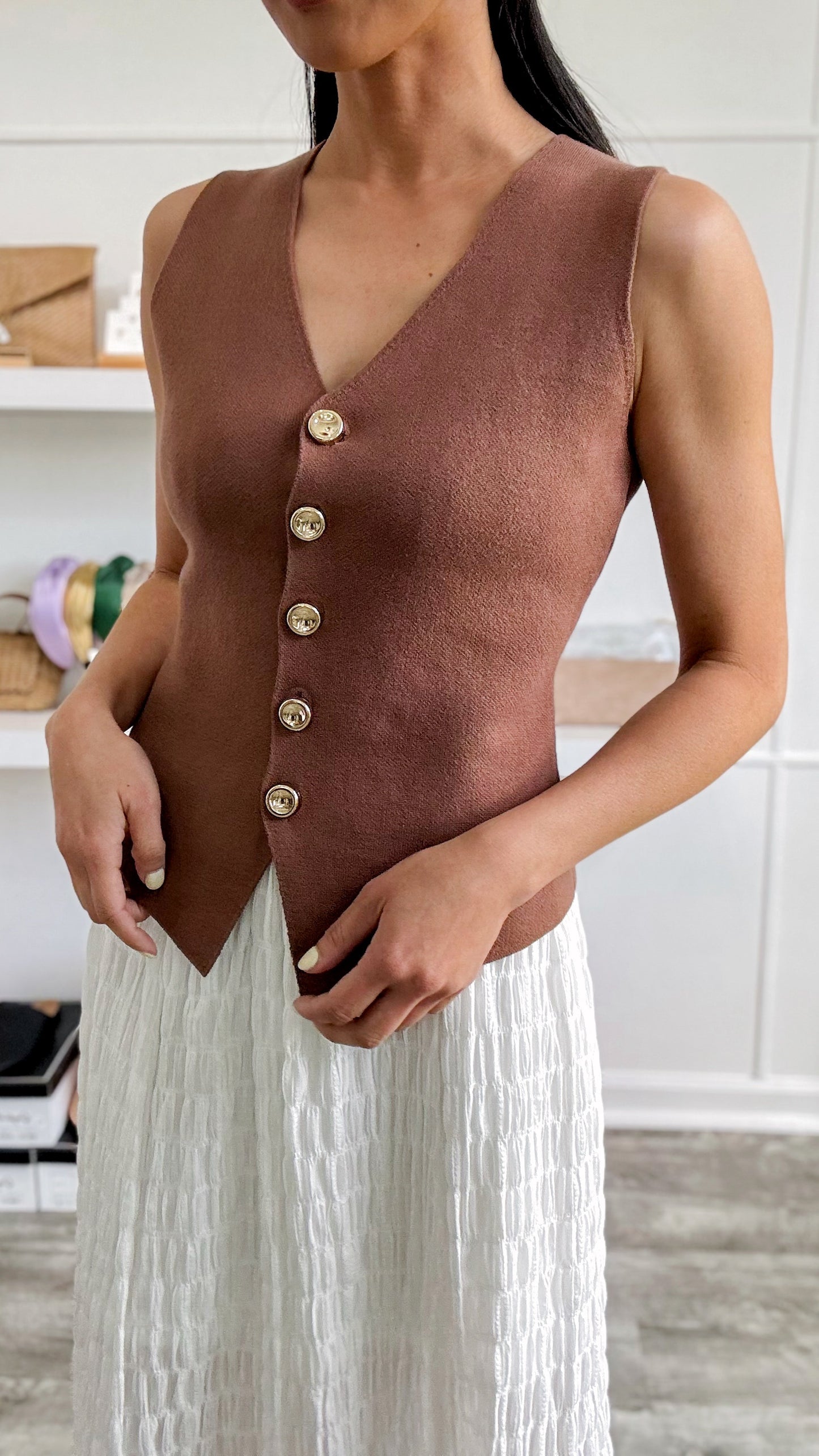 Gold Button Knit Vest-Brown