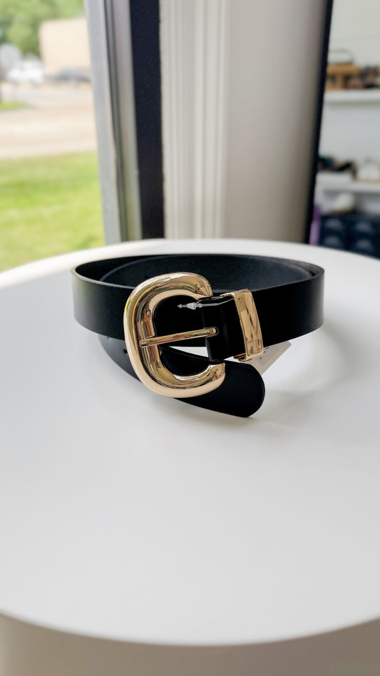 Faux Leather Buckle Belt- Black