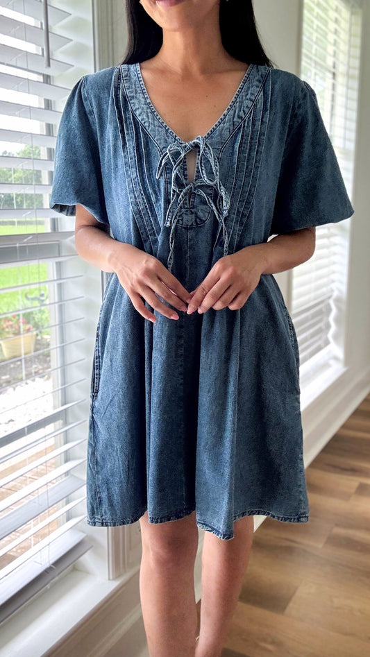 Pleated Front Tie Denim Dress
