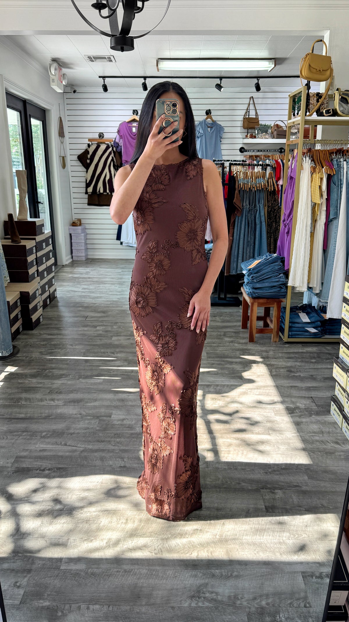 Appliqué Mesh Espresso Maxi Dress