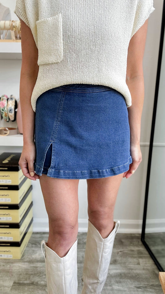 Perfect Timing Denim Skort - Dark Wash