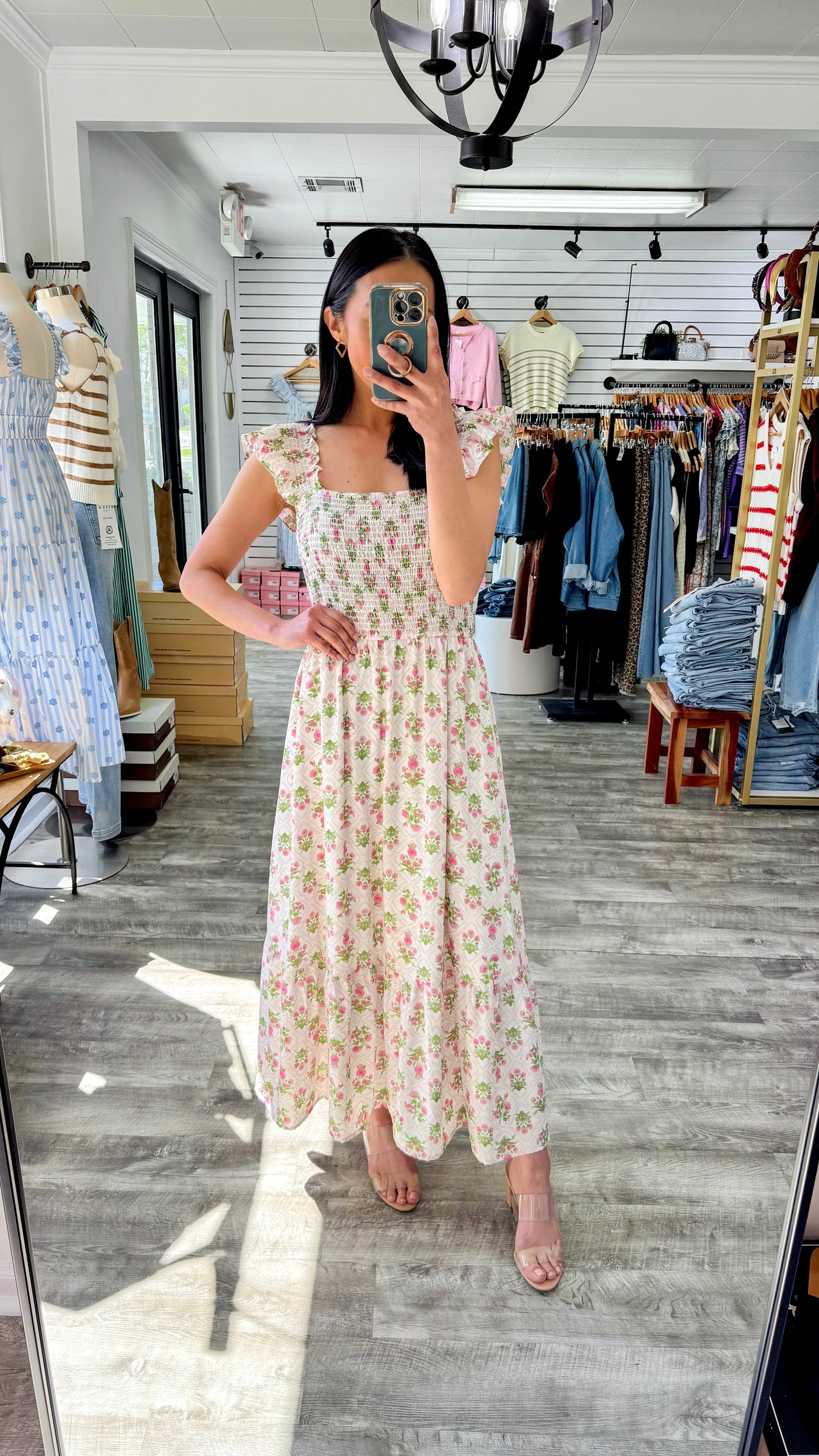 Floral Tile Smocked Midi Dress- Pink