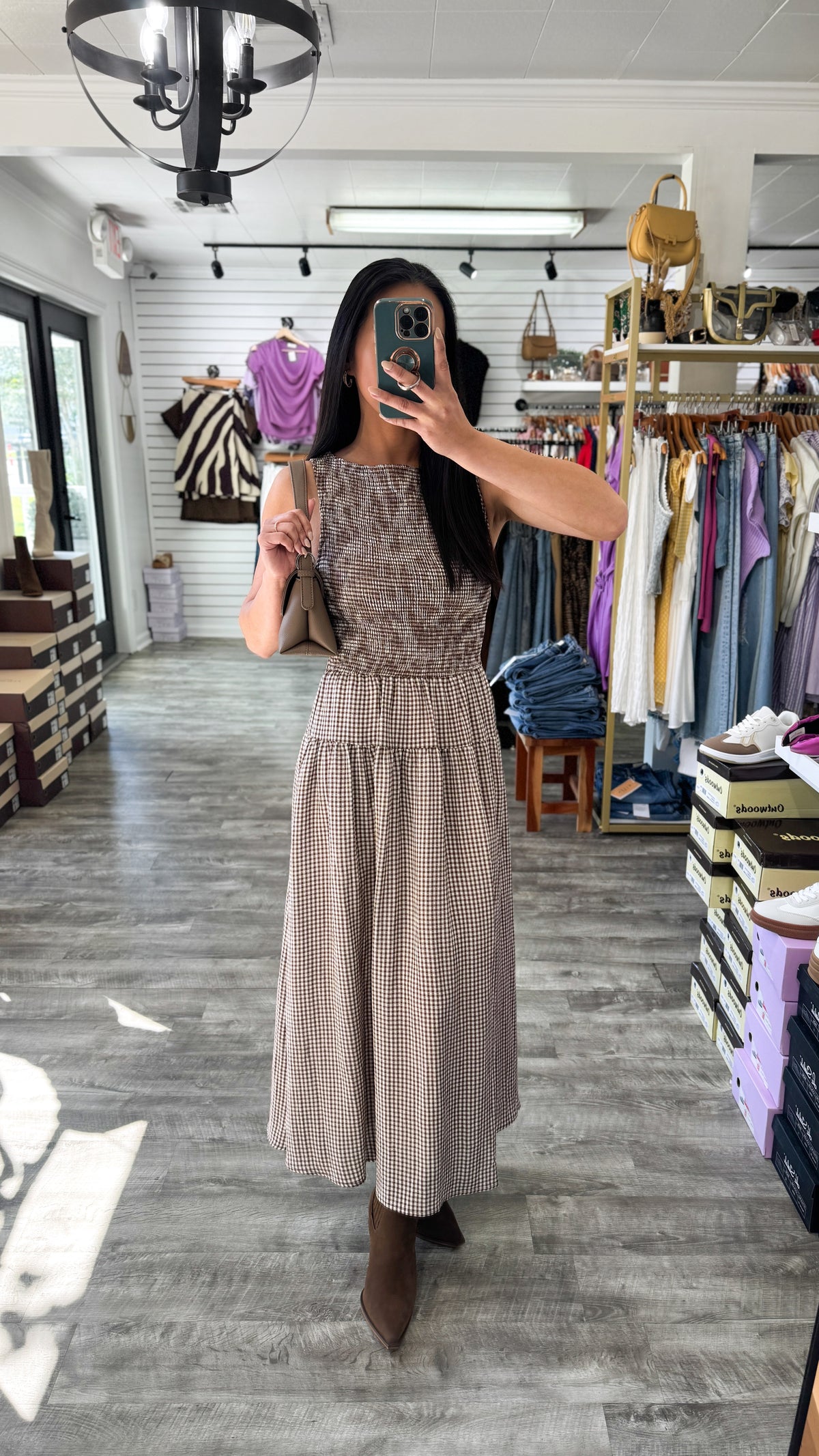 Smocked Gingham Midi Dress