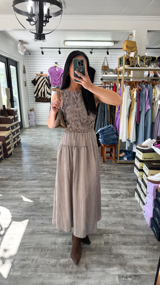 Smocked Gingham Midi Dress