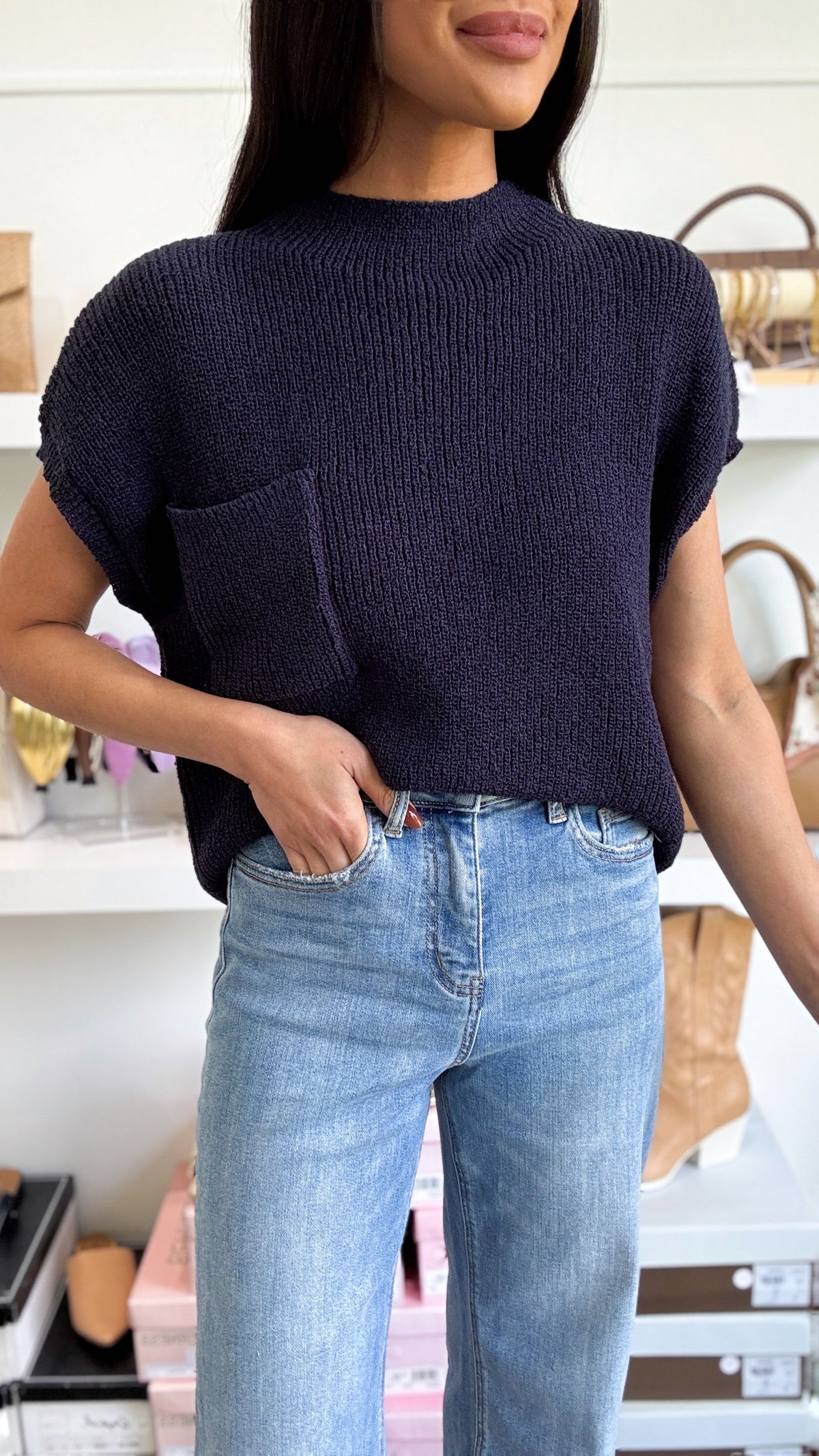 Pocket Knit Top- Navy