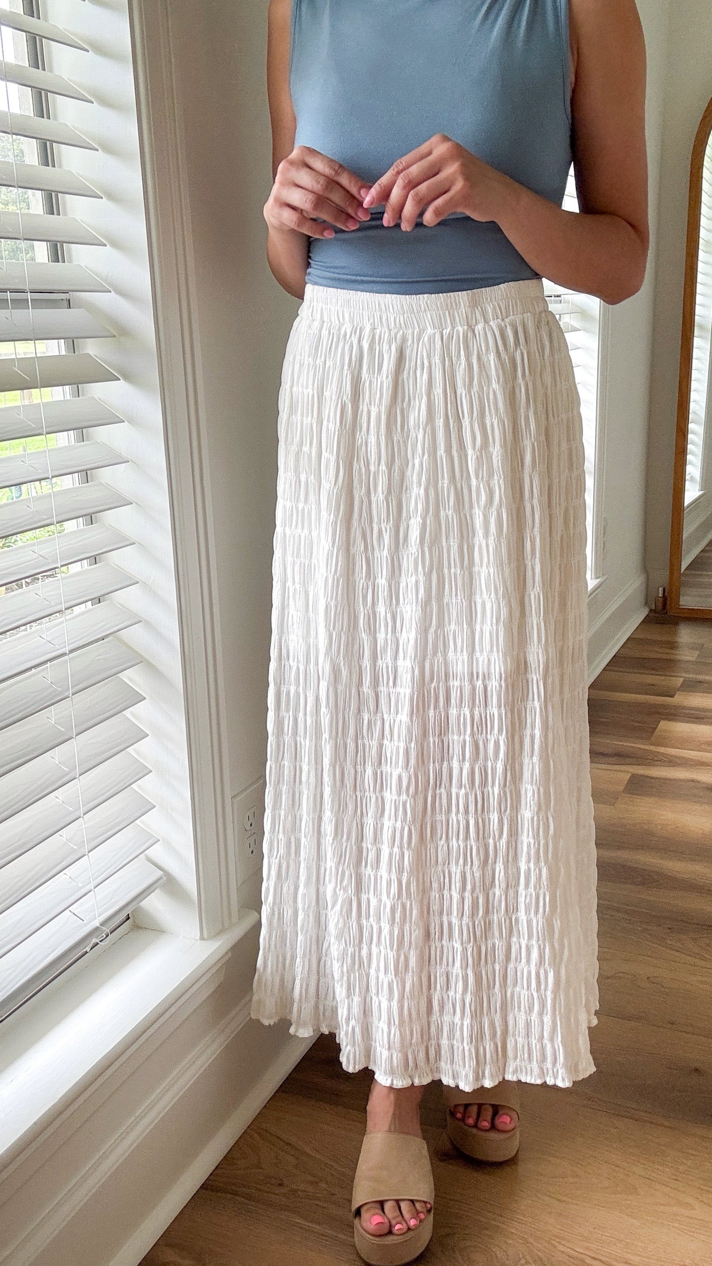 Shirred Waist Midi Skirt
