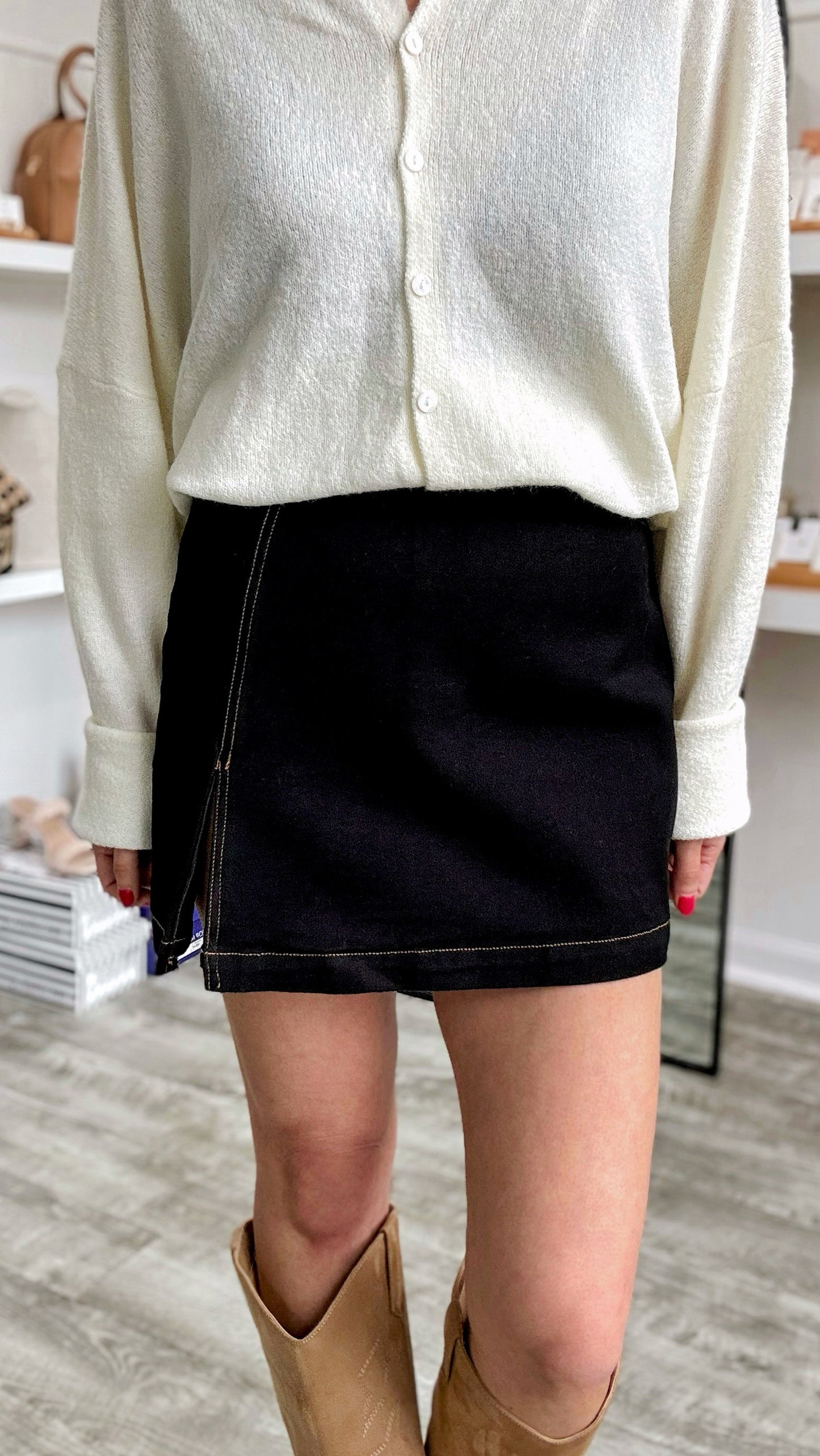 Black Denim Single Slit Skort