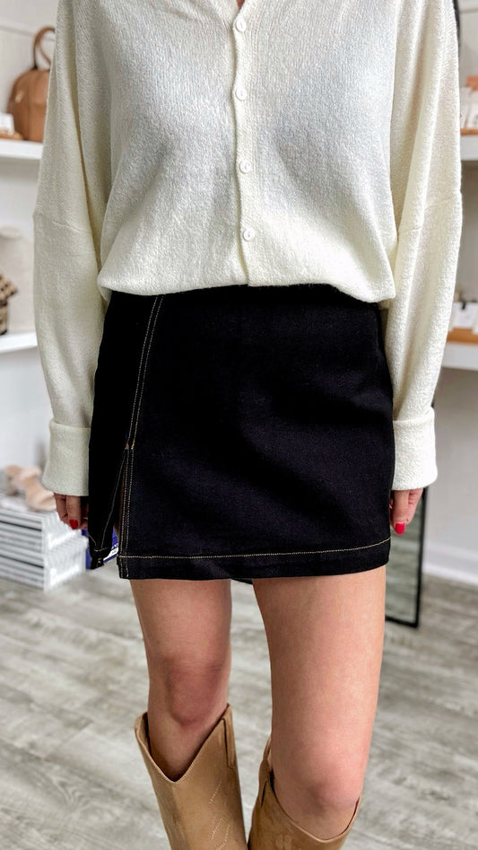 Black Denim Single Slit Skort