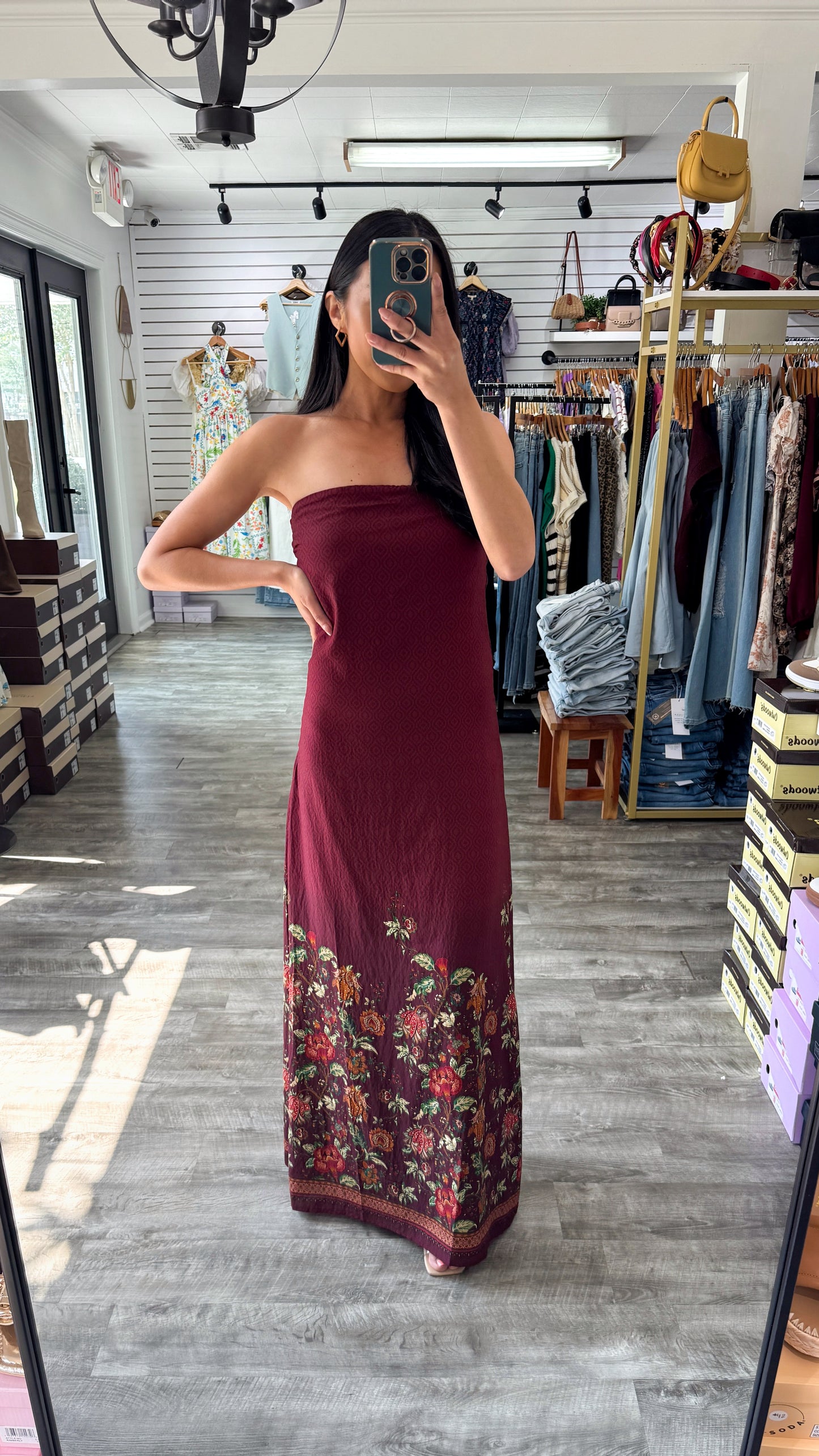 Crimson Borderline Strapless Dress