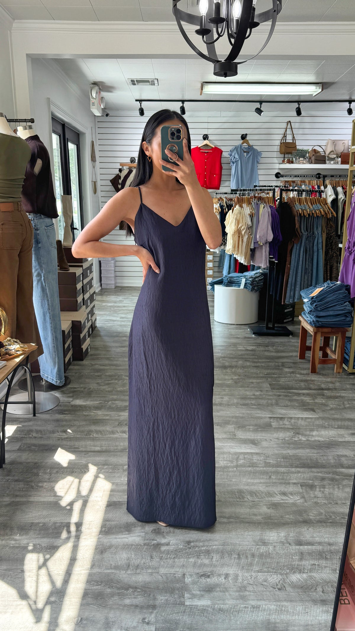 Textured Satin Slip Dress- Navy