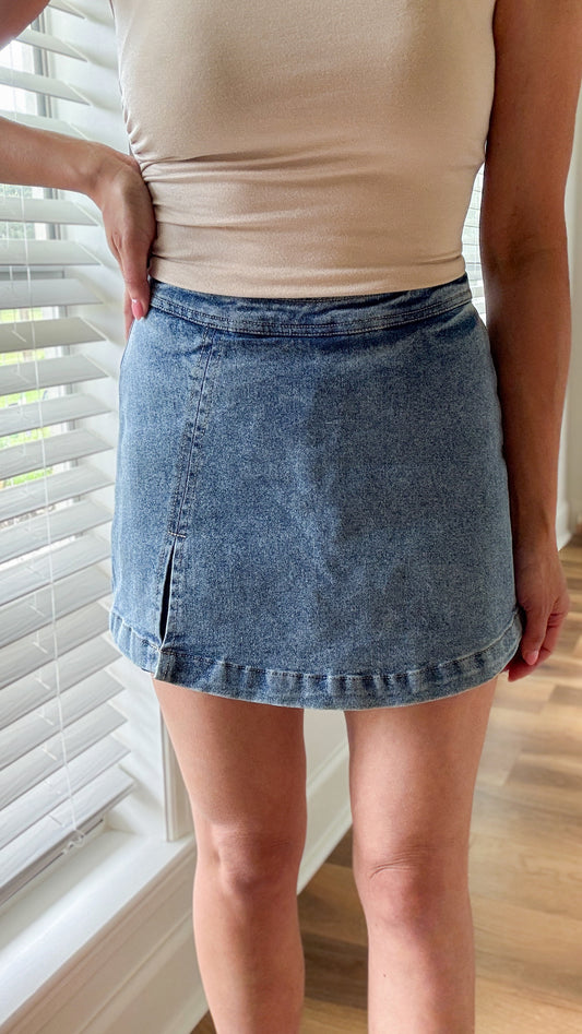 Side Slit Denim Skort-Medium Wash