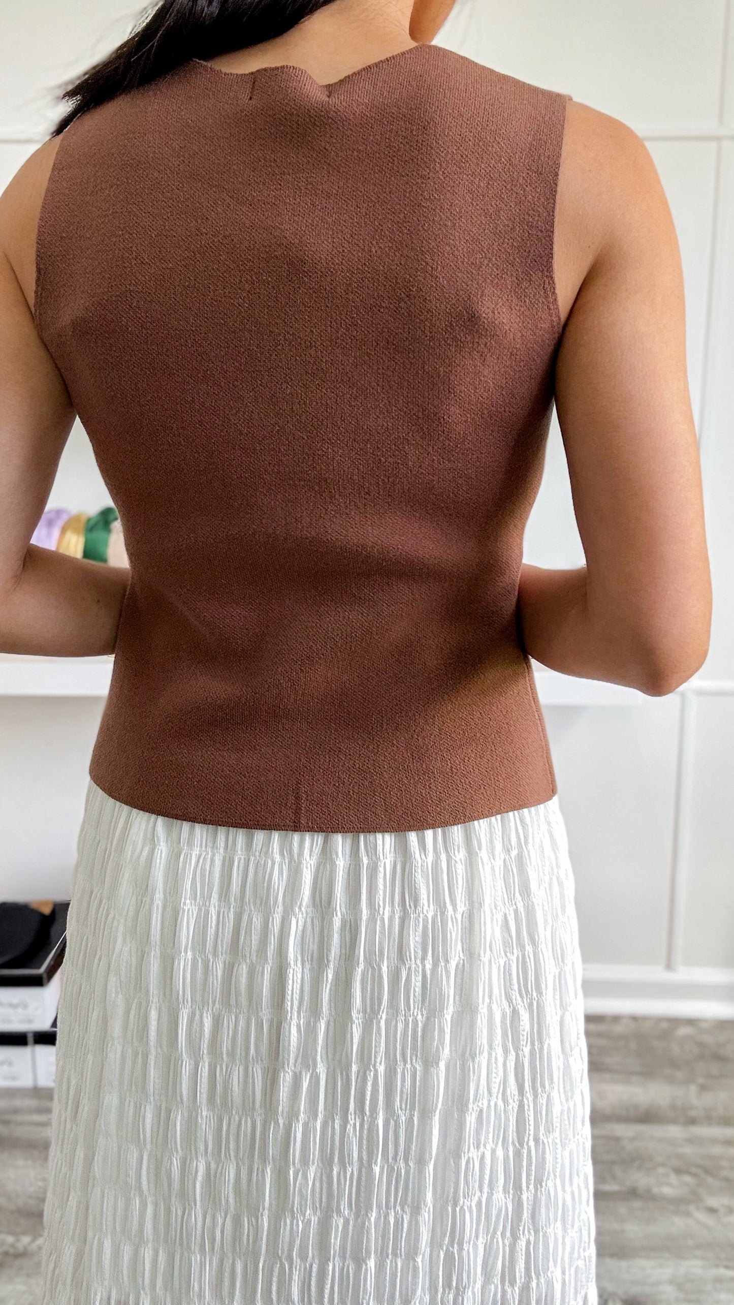 Gold Button Knit Vest-Brown