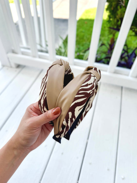 Leather Tiger Stripe Headband- Tan