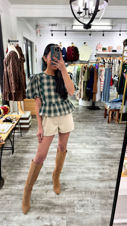 Green Plaid Peplum Blouse